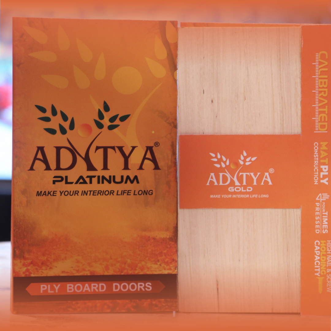 Group of professionals posing in office with Aditya Plywood logo in the background